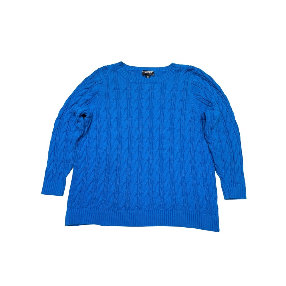 Lands' End Turquoise Blue 100% Cotton Fisherman Cable Knit Crewneck Sweater‎ 2X